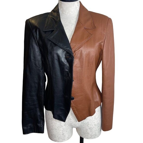 E Style Vintage Womens Jacket Size 6 Brown Colorblock Leather Lined Casual - Picture 1 of 9